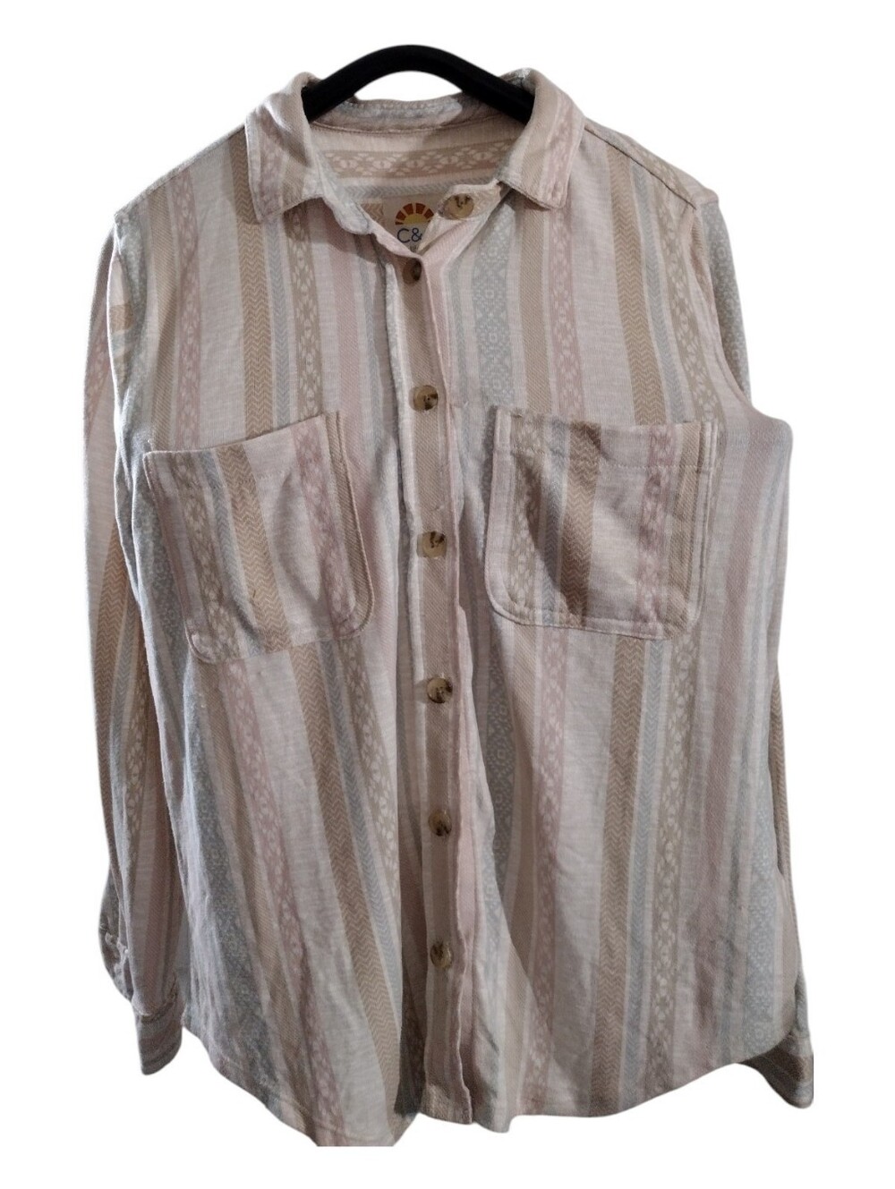 C&C California Beige and Cream Striped Button-Down Shirt